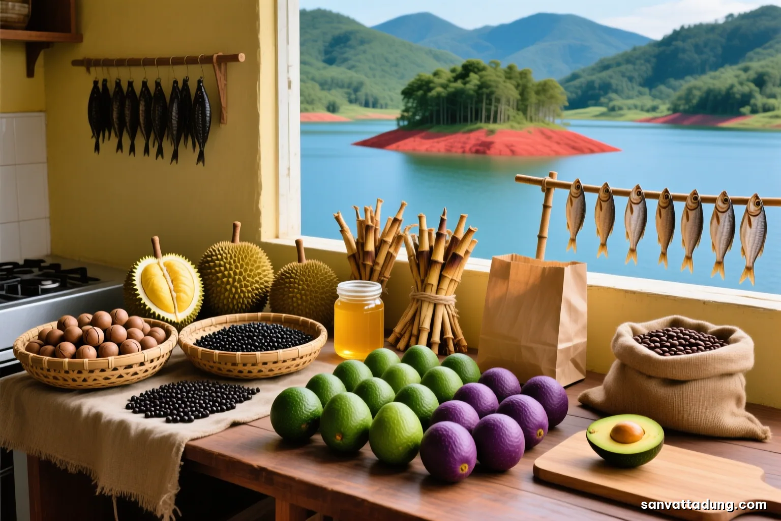 Kitchen counter with a dozen green and purple avocados arranged in rows from firm to ripe, one halved showing yellow flesh, paper bag and wooden board, soft window light
