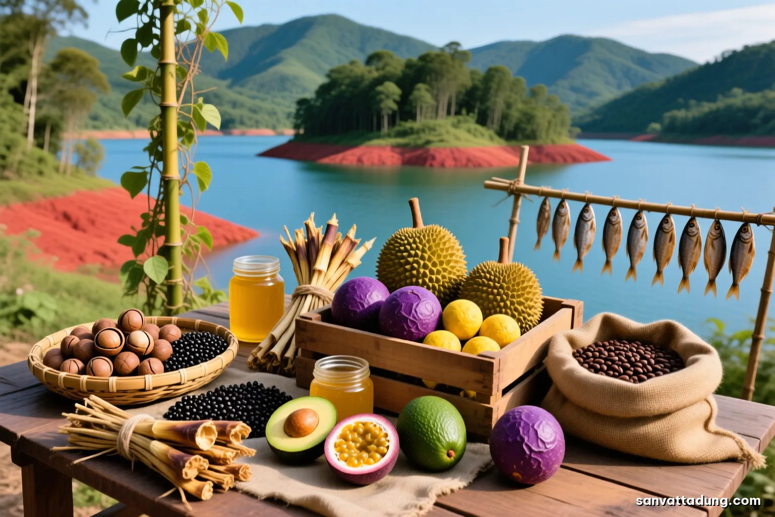 Rustic wooden crate filled with purple and yellow passion fruits, some wrinkled, one cut open showing seeds and golden pulp, vines climbing a trellis behind on a hillside