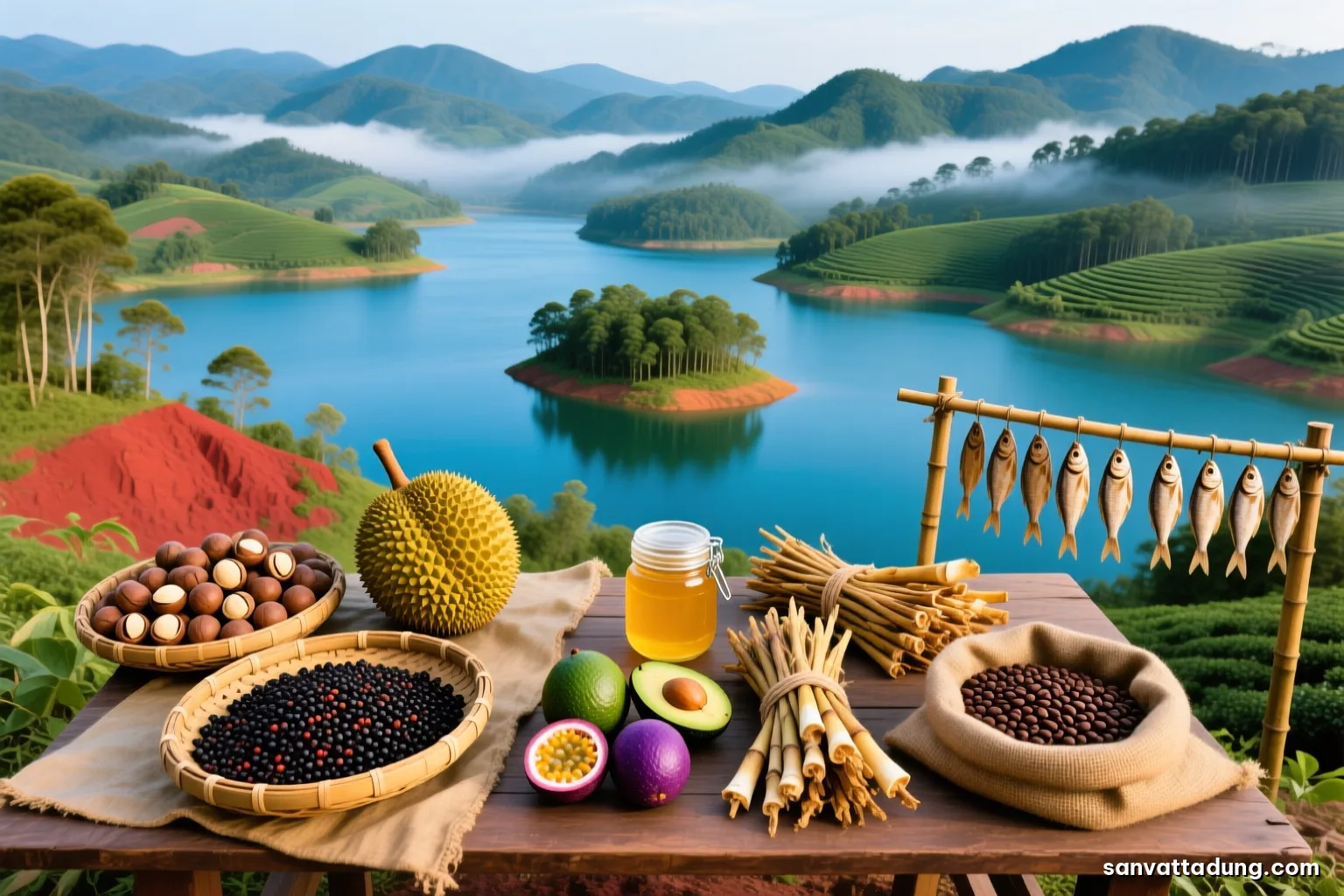 Wide aerial-style photograph of layered highland landscapes, misty pine hills in the far distance, tea rows on gentle slopes and a blue reservoir with green islets in front