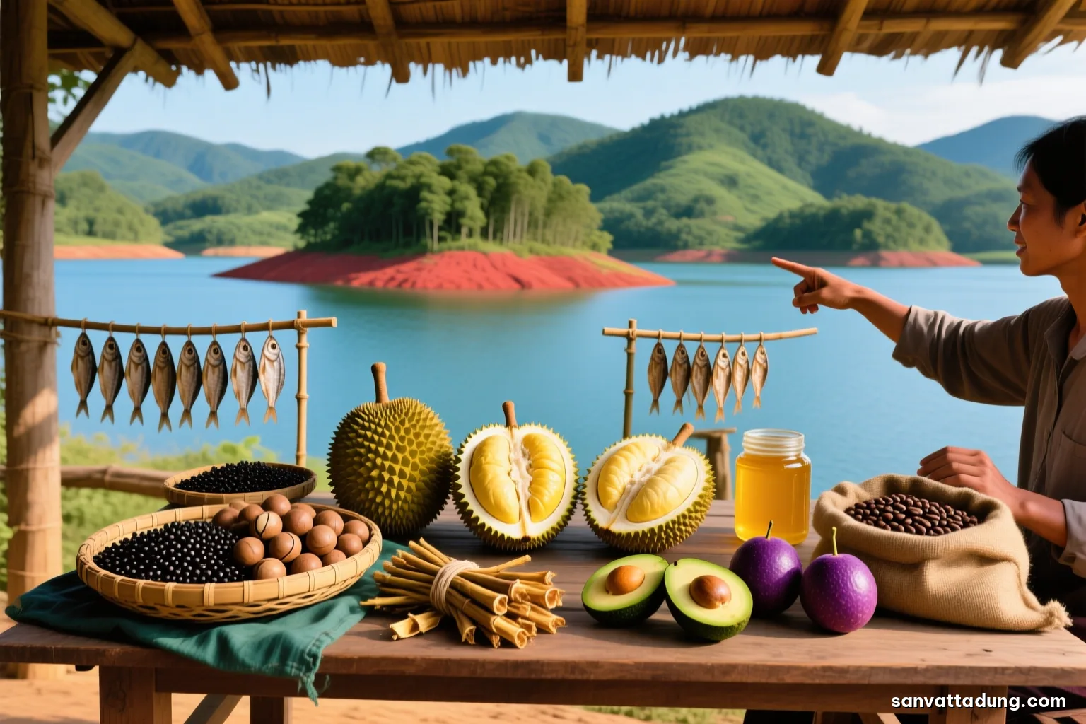 Wooden table under a farmhouse eave with three opened durians side by side showing pale cream, golden and deep yellow pods, hands of a person pointing, green hills behind
