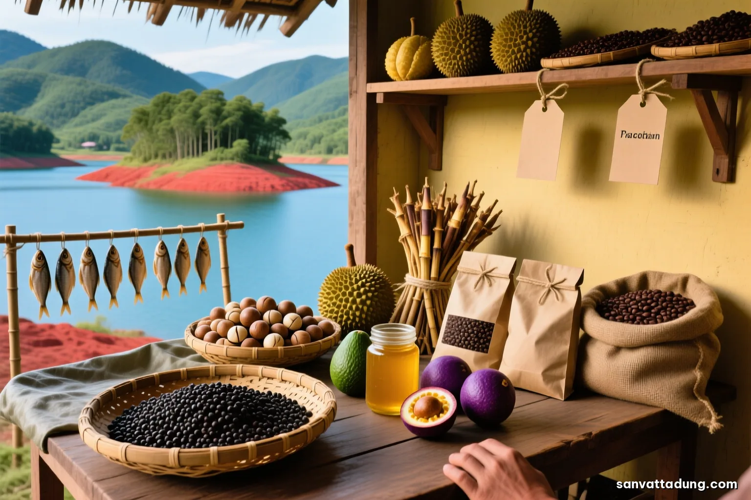 Close photograph of kraft paper pouches of peppercorns and macadamia on a wooden shelf in a small rural shop, blank paper tags tied with twine, soft window light