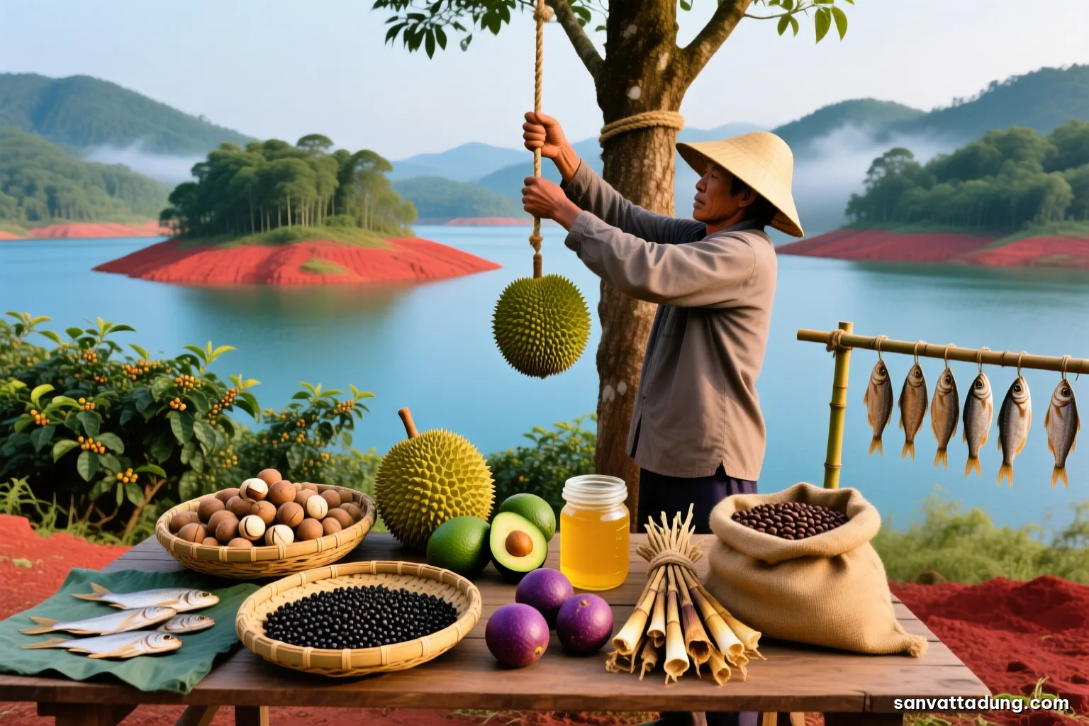 Close view of a farmer seen from behind lowering a spiky green durian on a rope from a tall tree, red basalt soil, coffee shrubs and morning mist behind